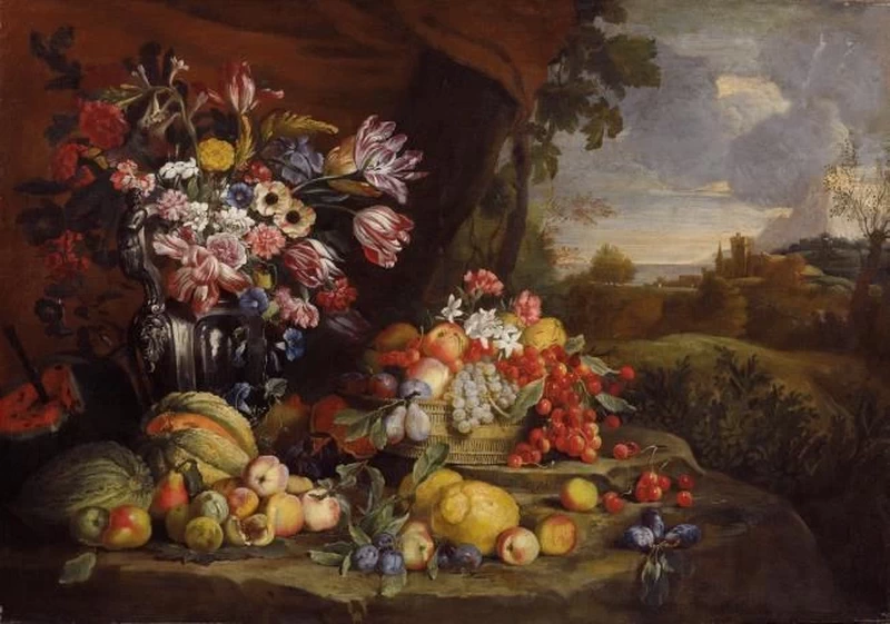Natura morta di frutti in un paesaggio